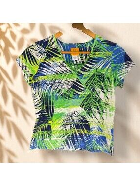 Ruby Rd. Scrub Top Women PS Petite Green Floral V-Neck Short Sleeve Cotton